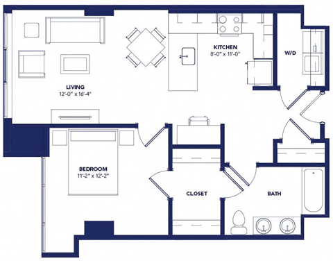 Floor plan for 1 bed, 1 bath, 781 sqft
